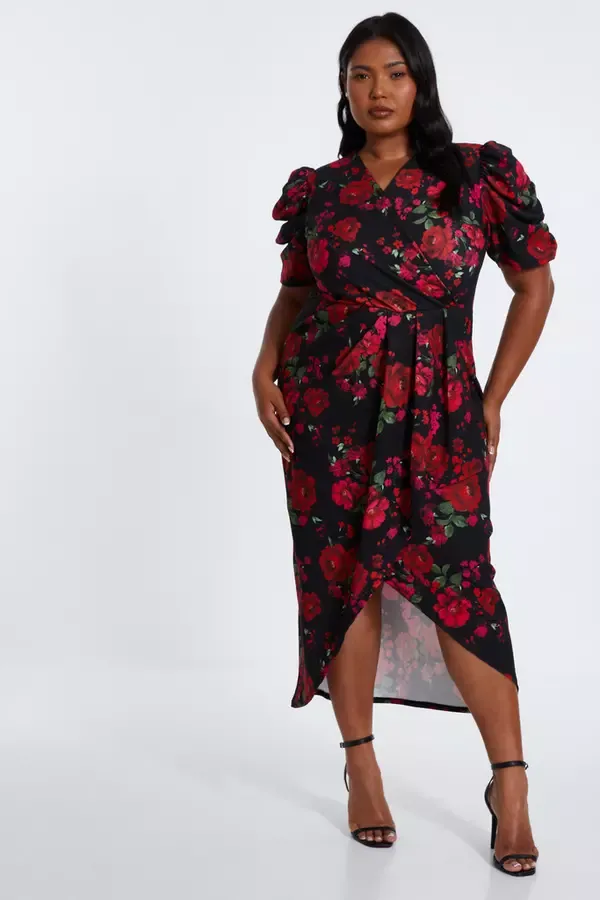 Women Curve Black Floral Wrap Midi Dress Quiz Clothing Dresses