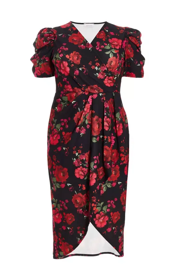 Women Curve Black Floral Wrap Midi Dress Quiz Clothing Dresses