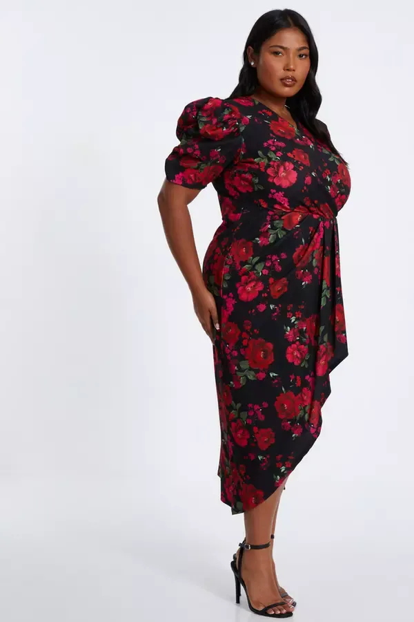 Women Curve Black Floral Wrap Midi Dress Quiz Clothing Dresses