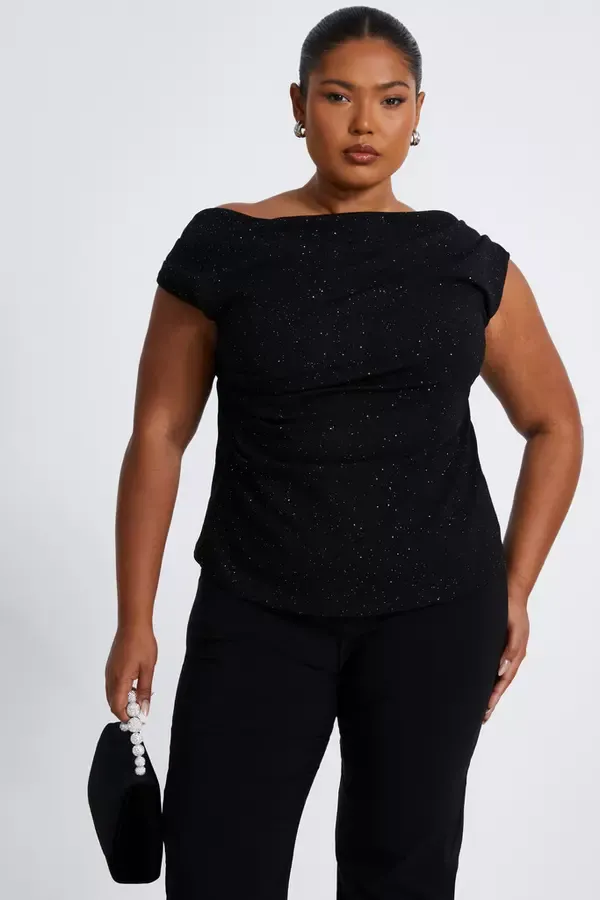 Women Curve Black Glitter Drape Neck Top Quiz Clothing Going Out
