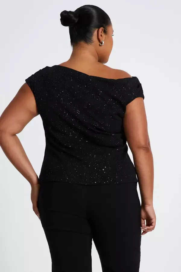 Women Curve Black Glitter Drape Neck Top Quiz Clothing Going Out