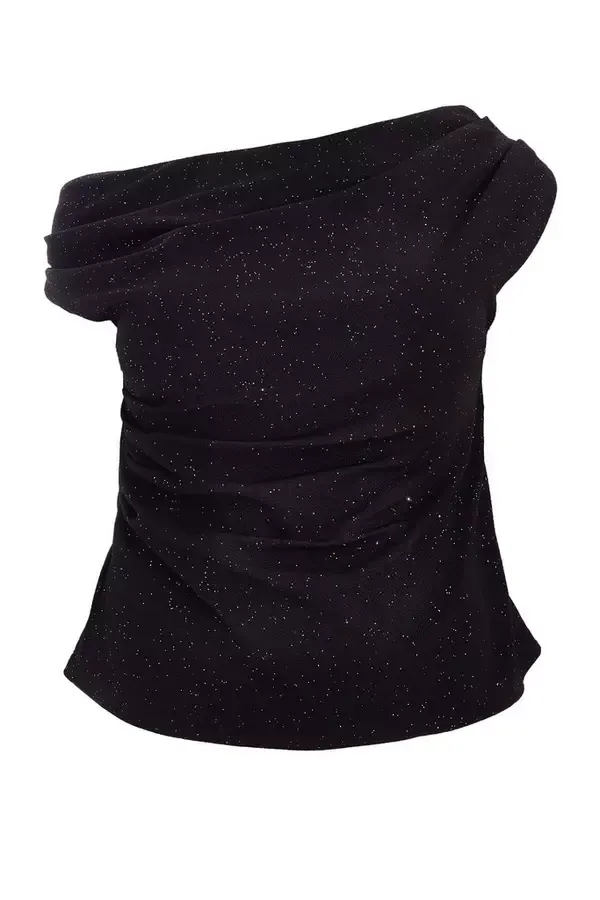 Women Curve Black Glitter Drape Neck Top Quiz Clothing Going Out