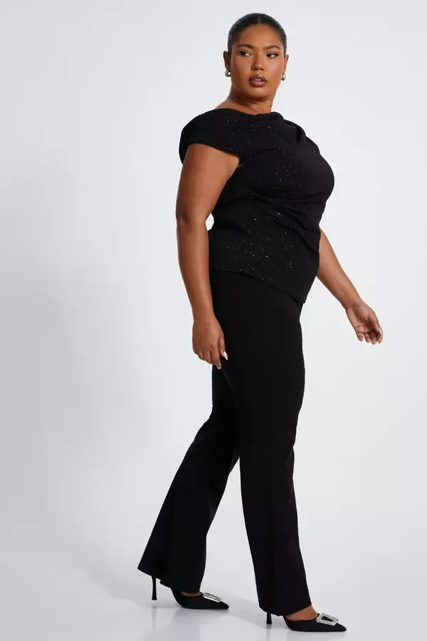 Women Curve Black Glitter Drape Neck Top Quiz Clothing Going Out