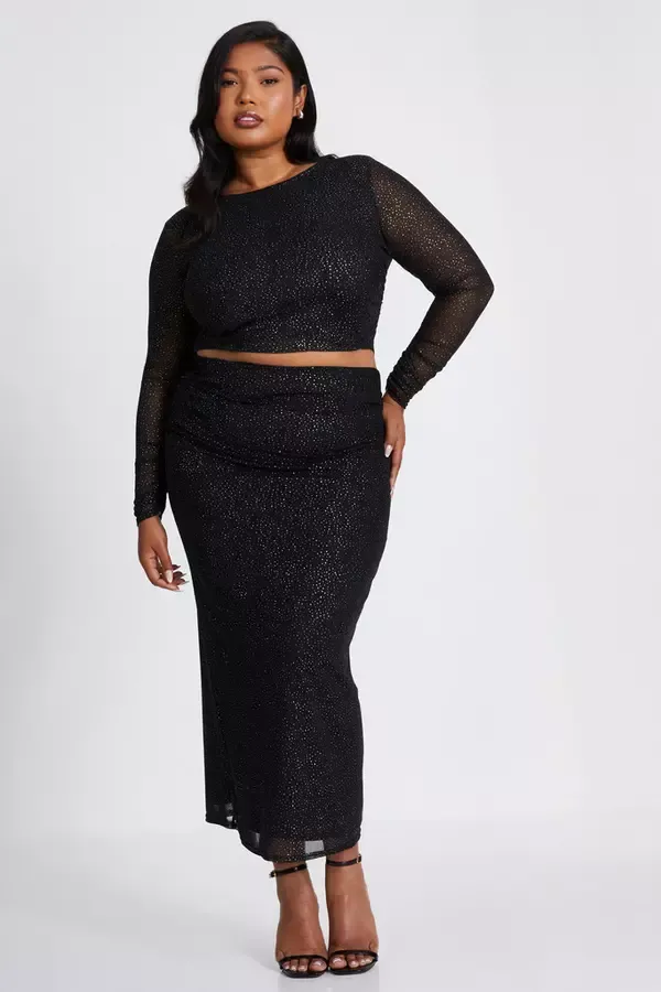 Women Curve Black Glitter Mesh Midaxi Skirt Quiz Clothing CoOrds