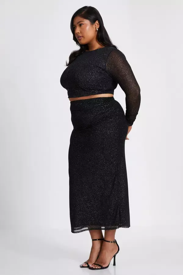 Women Curve Black Glitter Mesh Midaxi Skirt Quiz Clothing CoOrds