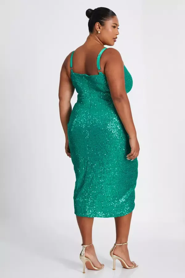 Women Curve Jade Green Sequin Ruched Midi Dress Quiz Clothing Dresses