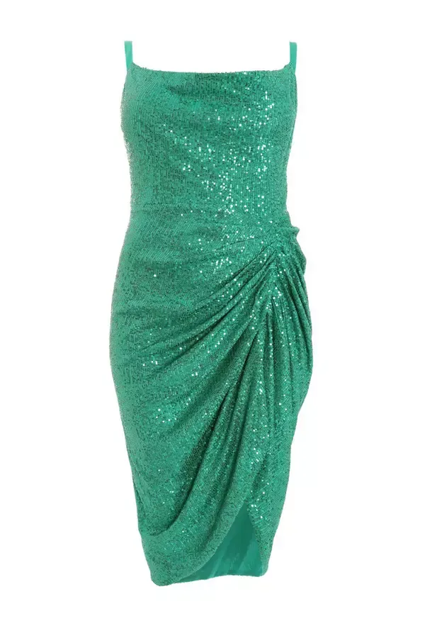 Women Curve Jade Green Sequin Ruched Midi Dress Quiz Clothing Dresses