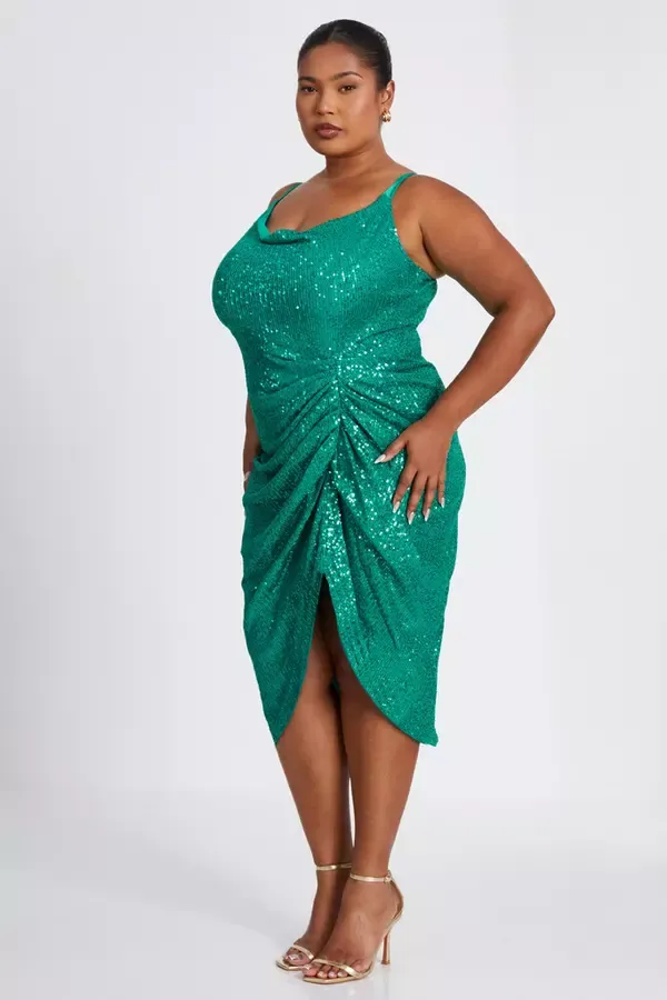 Women Curve Jade Green Sequin Ruched Midi Dress Quiz Clothing Dresses