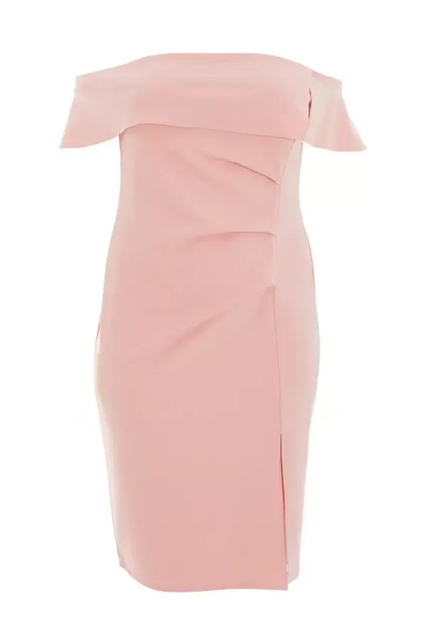Women Curve Pink Ruched Bardot Midi Dress Quiz Clothing Dresses