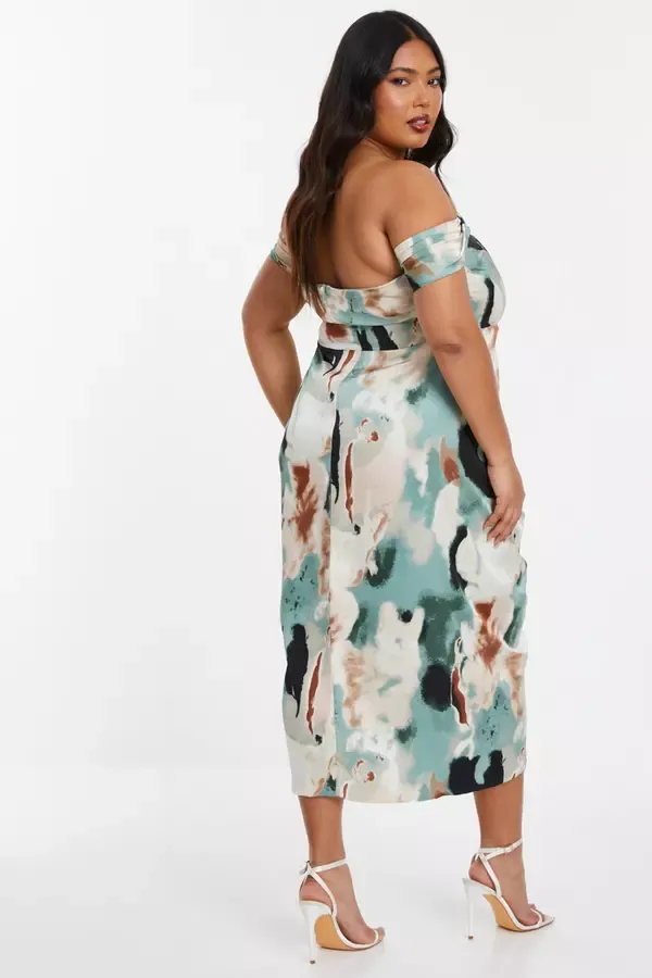 Women Curve Sage Marble Print Bardot Midi Dress Quiz Clothing Dresses