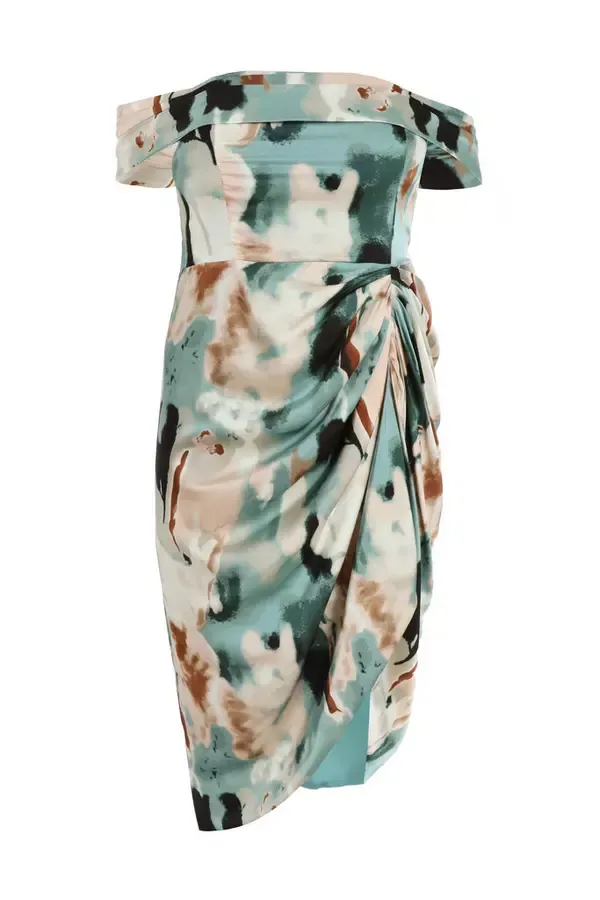 Women Curve Sage Marble Print Bardot Midi Dress Quiz Clothing Dresses