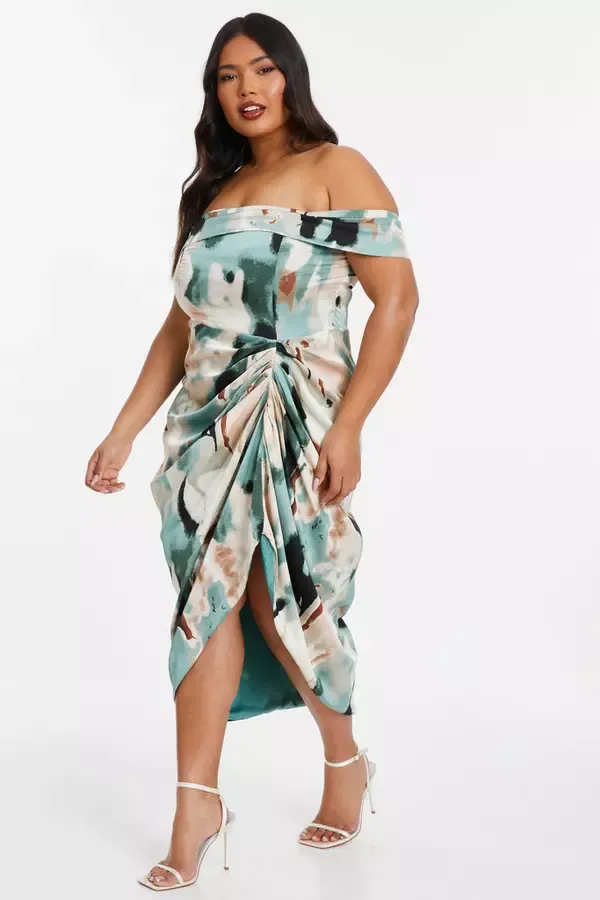 Women Curve Sage Marble Print Bardot Midi Dress Quiz Clothing Dresses