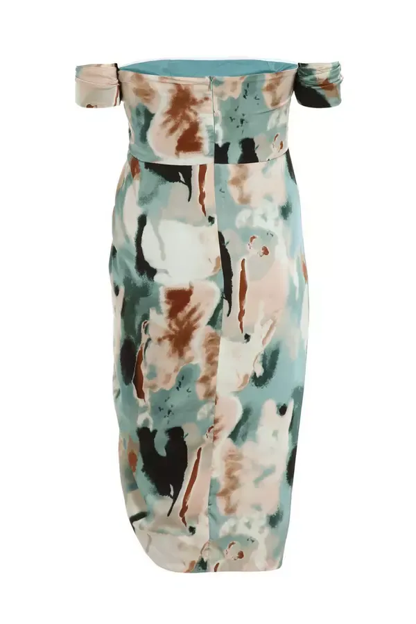 Women Curve Sage Marble Print Bardot Midi Dress Quiz Clothing Dresses