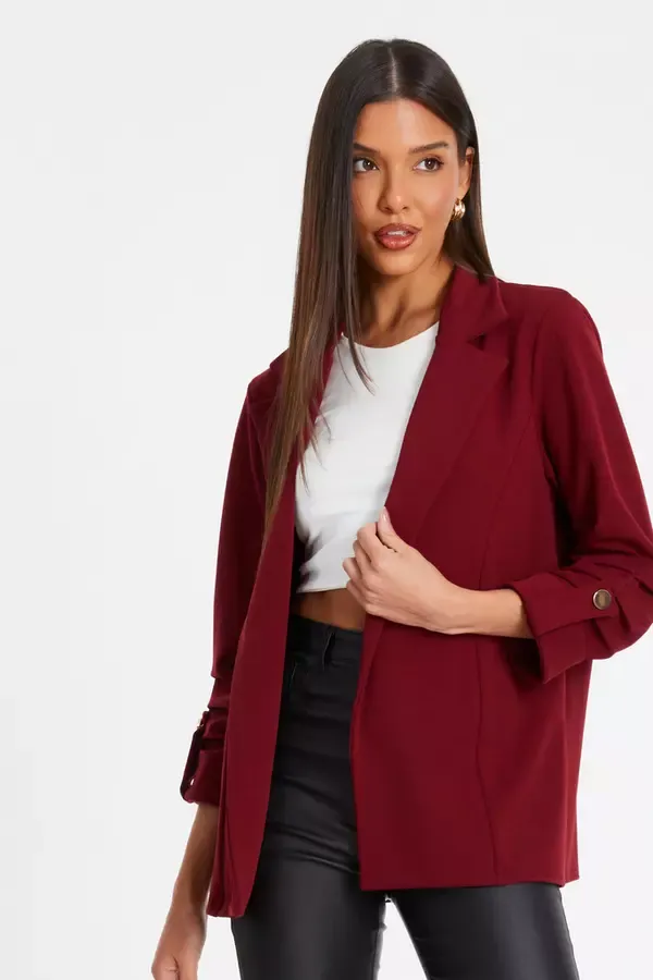 Women Dark Red Ruched Sleeve Blazer Quiz Clothing Casual Clothing