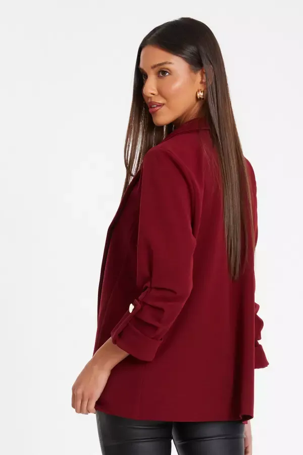 Women Dark Red Ruched Sleeve Blazer Quiz Clothing Casual Clothing