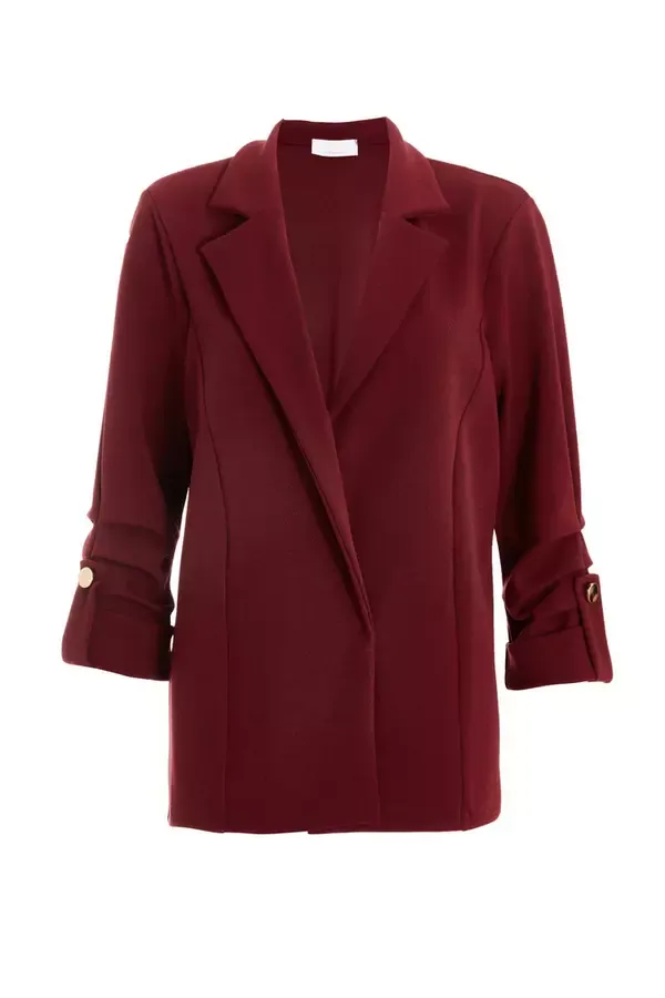 Women Dark Red Ruched Sleeve Blazer Quiz Clothing Casual Clothing