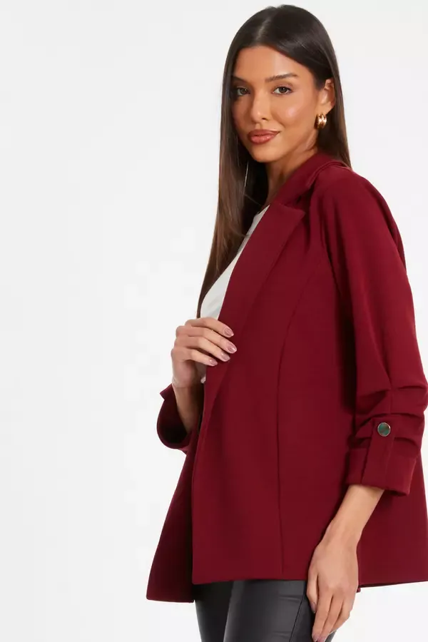 Women Dark Red Ruched Sleeve Blazer Quiz Clothing Casual Clothing
