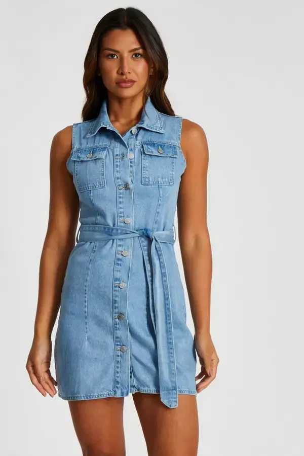 Women Denim Shirt Mini Dress Quiz Clothing Dresses