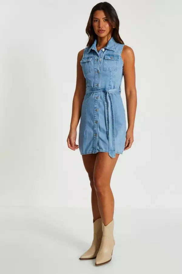 Women Denim Shirt Mini Dress Quiz Clothing Dresses
