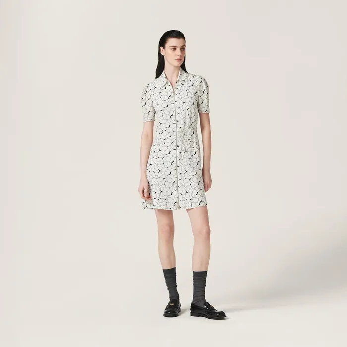 Women Dresses Miu Miu Crepe De Chine Floral Print Dress Whiteblue Women Dresses Miu Miu Crepe De Chine Floral Print Dress Whiteblue