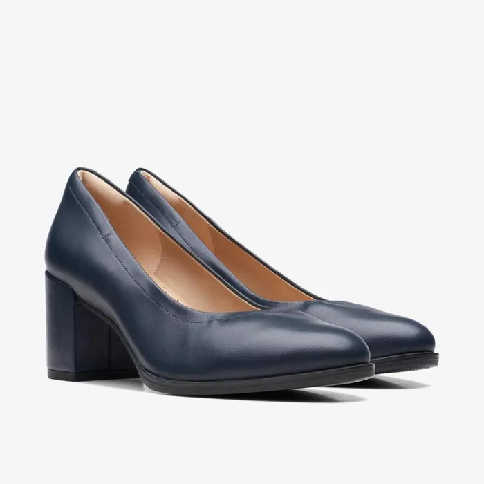 Women Freva 55 Court Navy Leather Clarks Heels and Pumps
