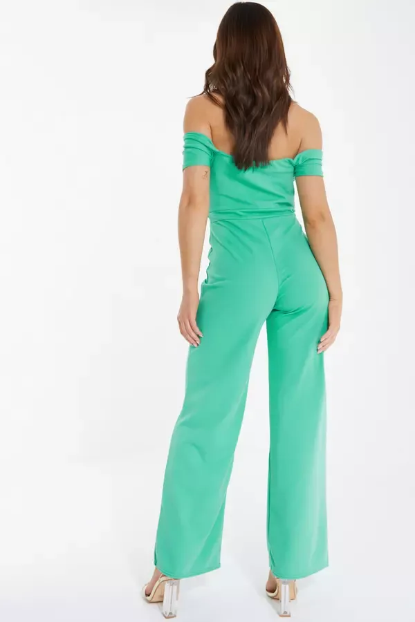Women Green Bardot Palazzo Jumpsuit Quiz Clothing Going Out