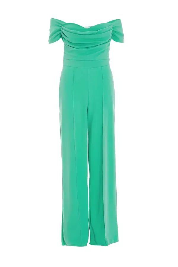 Women Green Bardot Palazzo Jumpsuit Quiz Clothing Going Out