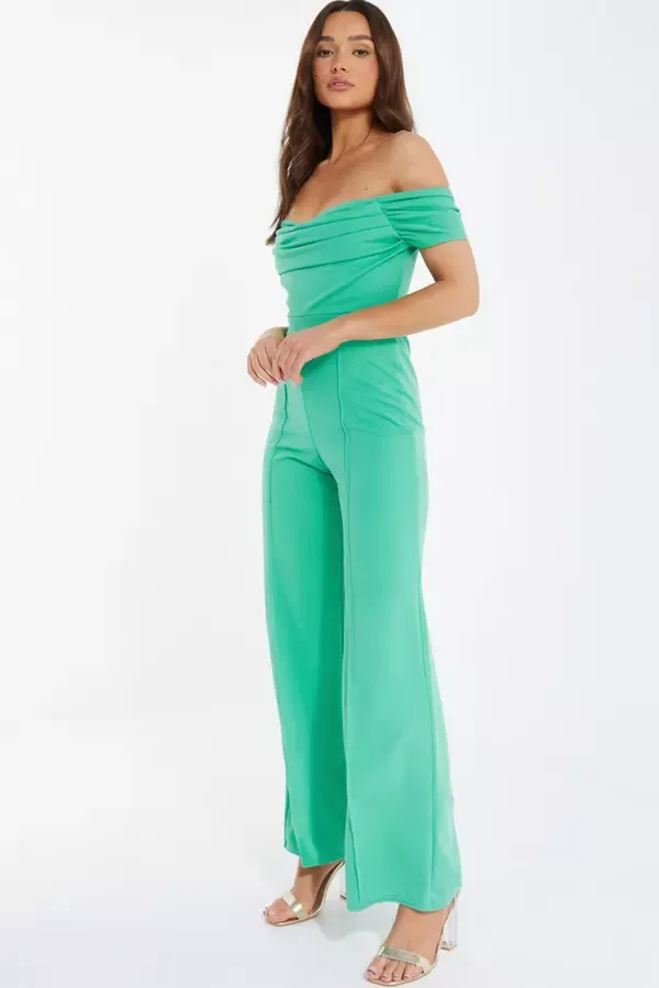 Women Green Bardot Palazzo Jumpsuit Quiz Clothing Going Out