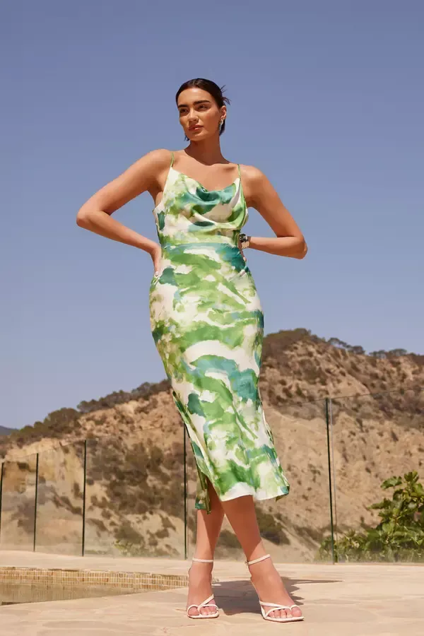 Women Green Marble Print Cowl Neck Midaxi Dress Quiz Clothing Dresses