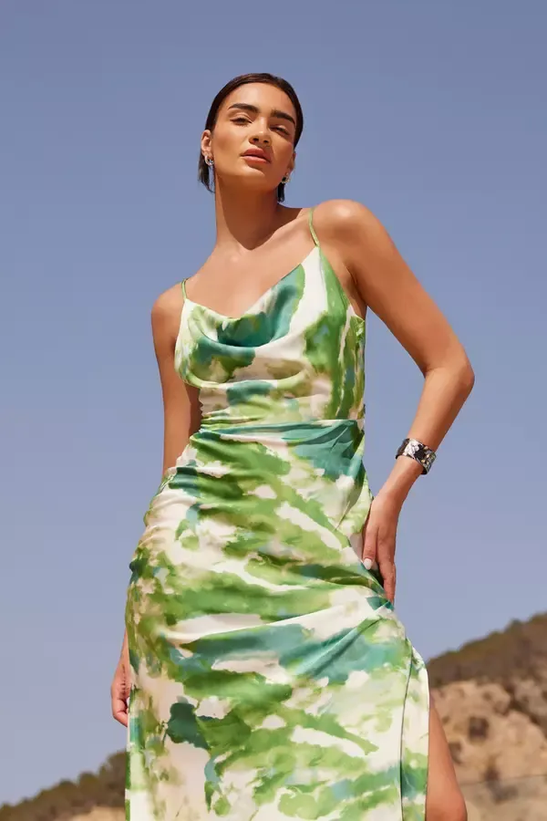 Women Green Marble Print Cowl Neck Midaxi Dress Quiz Clothing Dresses