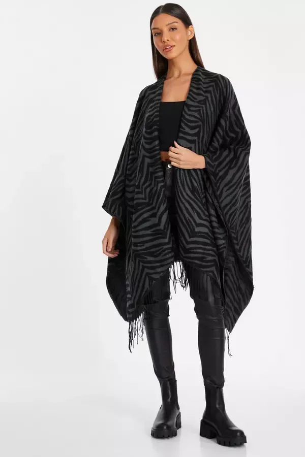 Women Grey Animal Print Cape Quiz Clothing Capes and Ponchos