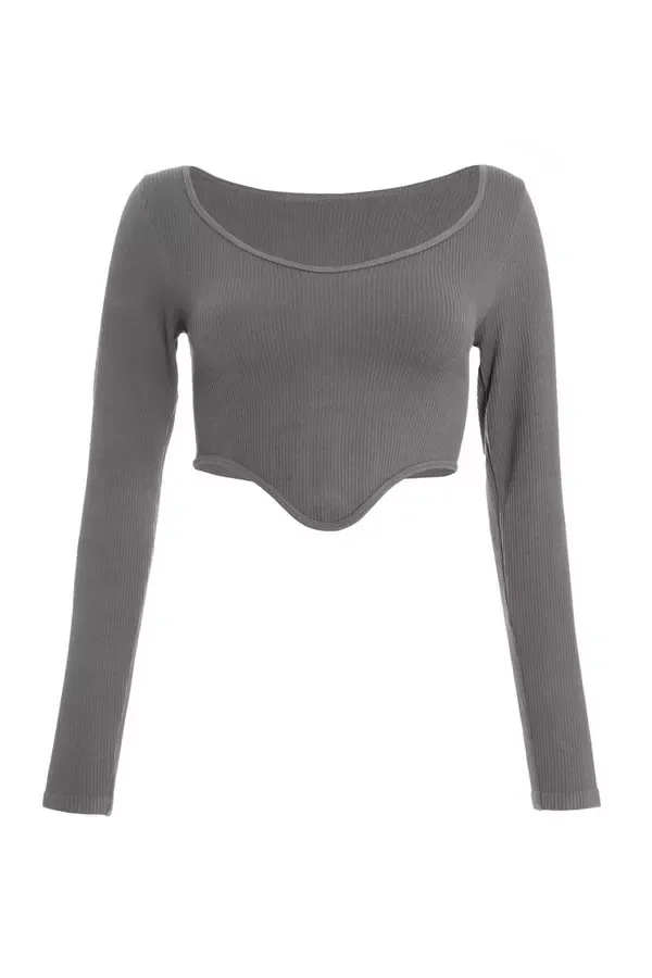 Women Grey Ribbed Crop Top Quiz Clothing Casual Clothing