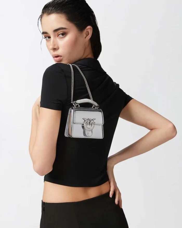 Women Handbags Pinko Metallic Micro Love Bag With Thin Shoulder Strap Silvershiny Nickel Women Handbags Pinko Metallic Micro Love Bag With Thin Shoulder Strap Silvershiny Nickel