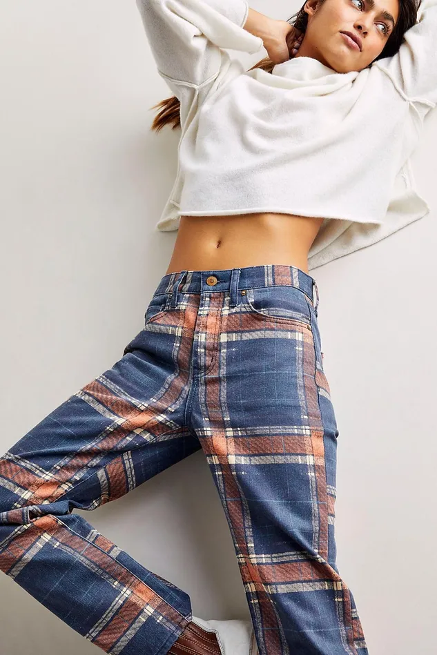 Women HighRise Jeans Free People Baker Plaid Boyfriend Jeans Tokyo Blue Plaid