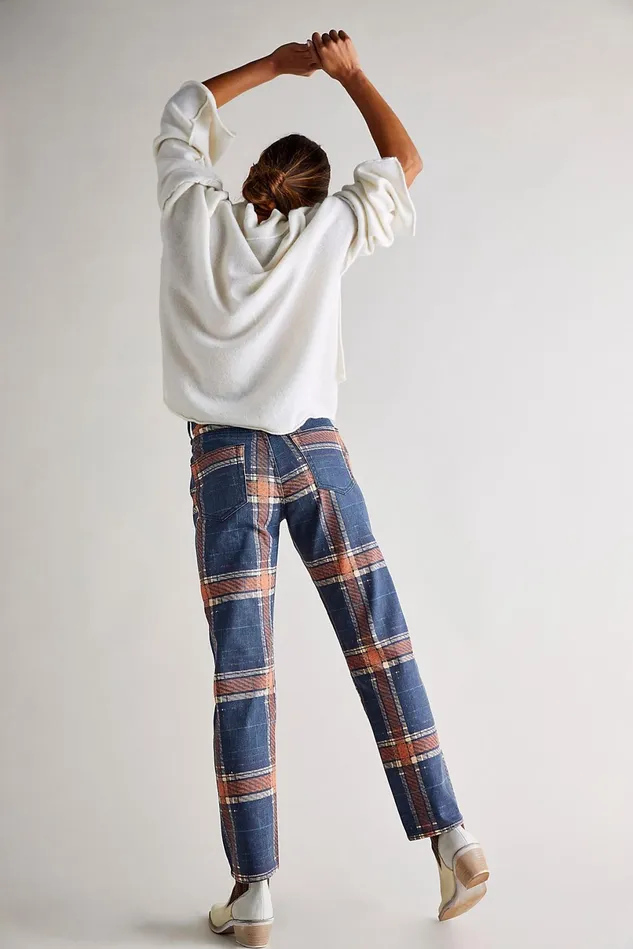 Women HighRise Jeans Free People Baker Plaid Boyfriend Jeans Tokyo Blue Plaid