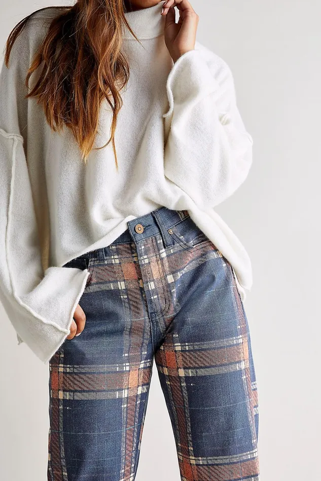 Women HighRise Jeans Free People Baker Plaid Boyfriend Jeans Tokyo Blue Plaid