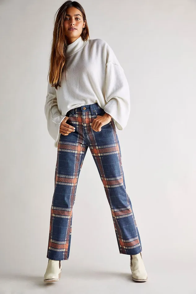 Women HighRise Jeans Free People Baker Plaid Boyfriend Jeans Tokyo Blue Plaid