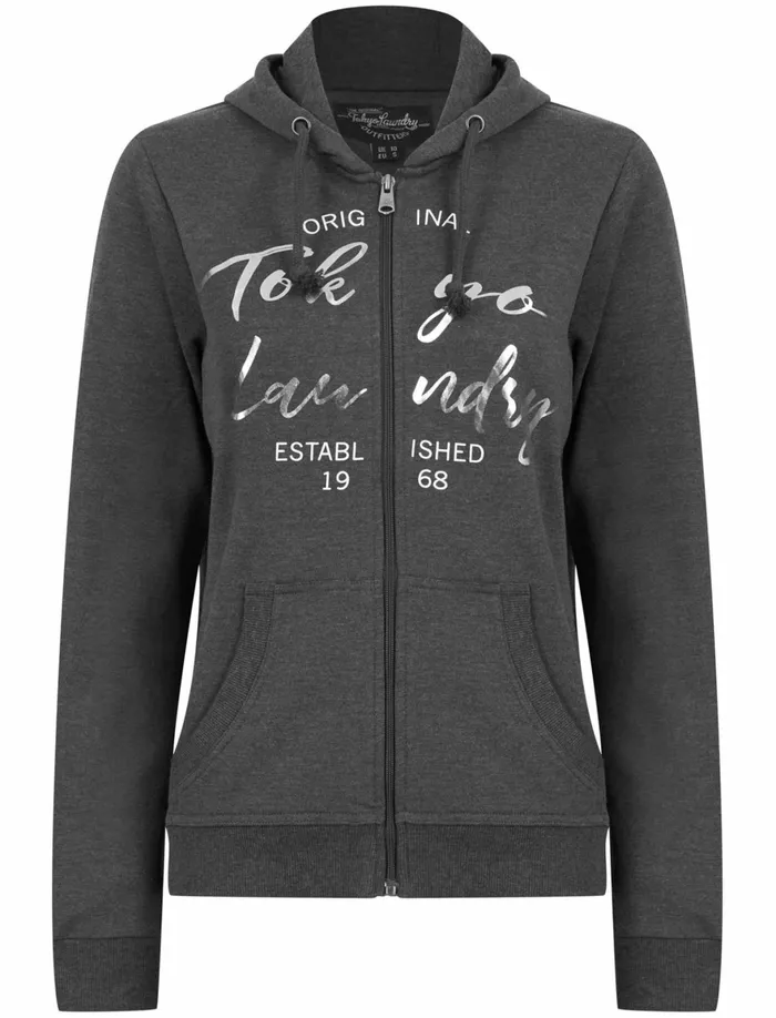 Women Hoodies and Sweatshirts Tokyo Laundry Rayne Zip Through Hoodie With Foil Motif In Charcoal Marl 8211 Tokyo Laundry Charcoal Women Hoodies and Sweatshirts Tokyo Laundry Rayne Zip Through Hoodie With Foil Motif In Charcoal Marl 8211 Tokyo Laundry Charcoal