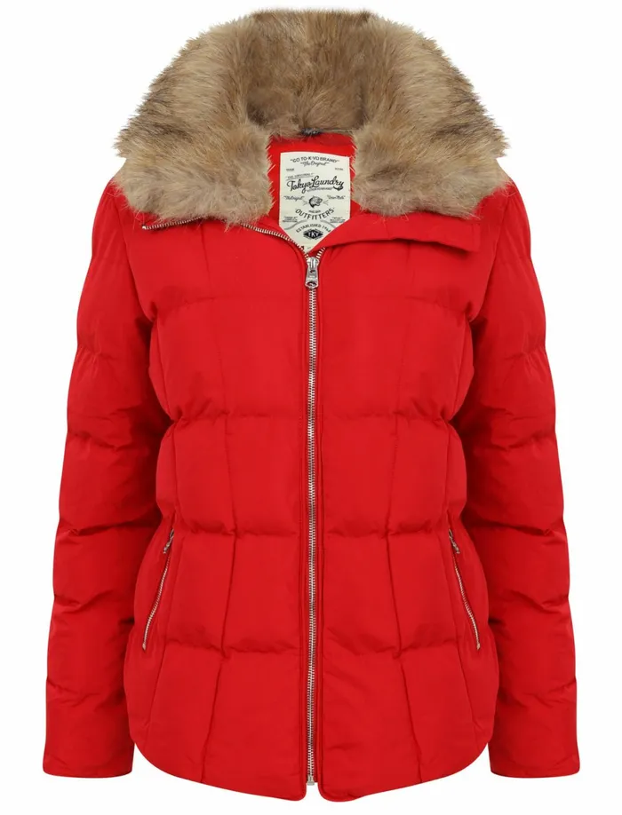 Women Jackets and Coats Tokyo Laundry Bertie Funnel Neck Quilted Puffer Jacket With Detachable Fur Trim In Crimson 8211 Tokyo Laundry Red