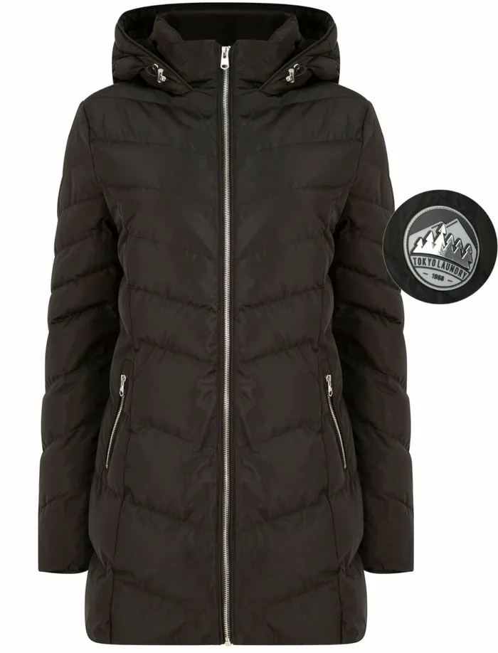 Women Jackets and Coats Tokyo Laundry Safflower 2 Longline Quilted Puffer Coat With Hood In Black 8211 Tokyo Laundry Black