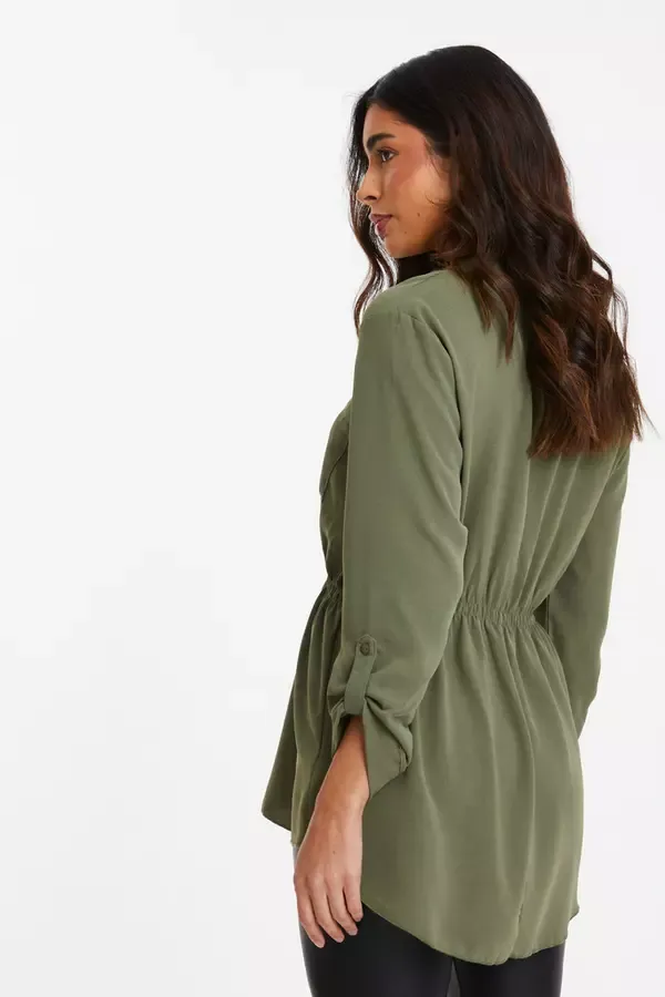 Women Khaki Button Up Blouse Quiz Clothing Casual Clothing