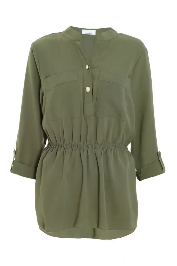 Women Khaki Button Up Blouse Quiz Clothing Casual Clothing