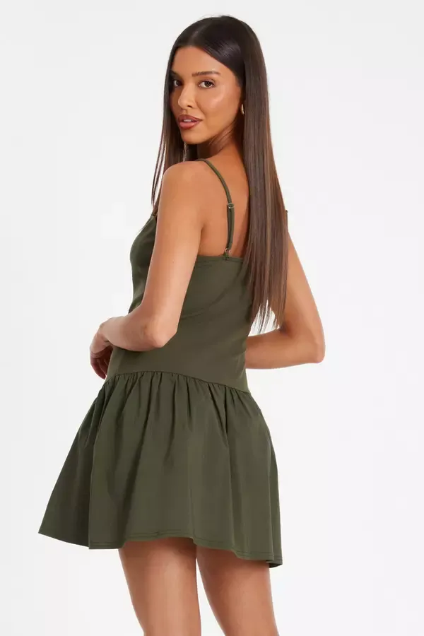 Women Khaki Strappy Puff Ball Skater Dress Quiz Clothing Dresses
