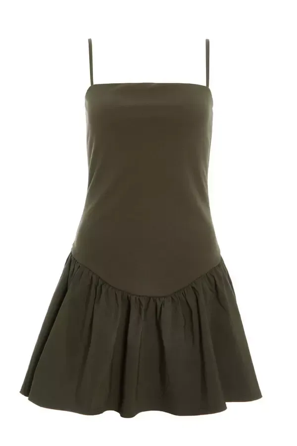 Women Khaki Strappy Puff Ball Skater Dress Quiz Clothing Dresses