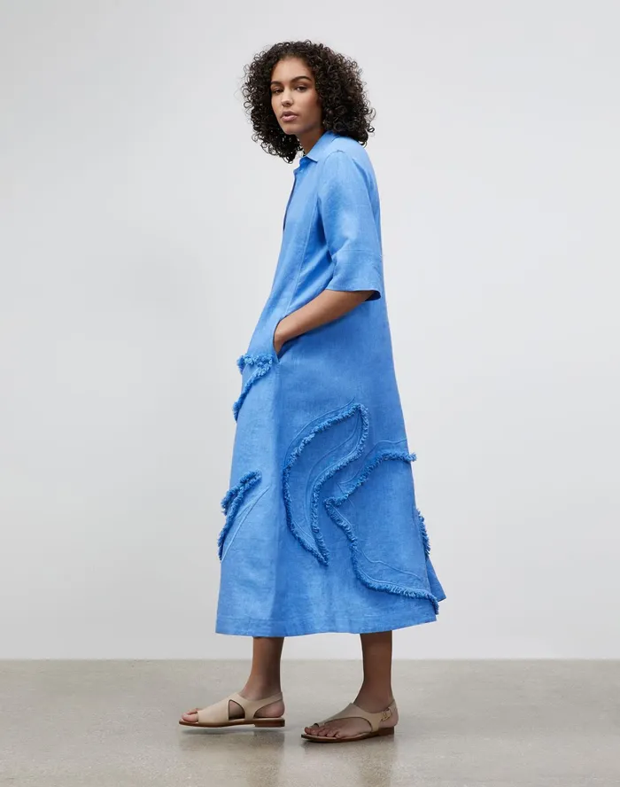 Women Lafayette 148 New York Dresses Petite Sera Dress In Eyelash Embellished Summer Linen Bluebell