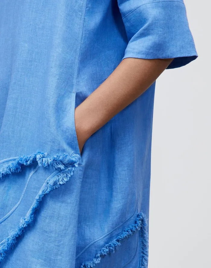 Women Lafayette 148 New York Dresses Petite Sera Dress In Eyelash Embellished Summer Linen Bluebell