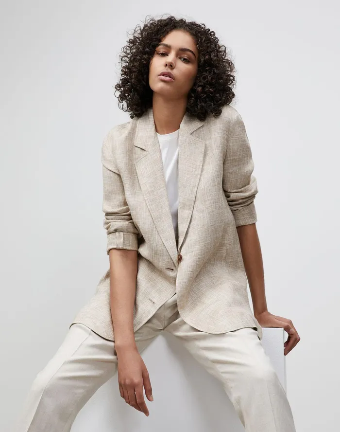Women Lafayette 148 New York Jackets and Blazers Eaton Blazer In Italian Etched Linen Honeynut Multi
