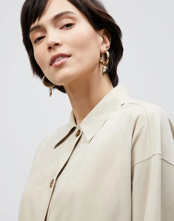 Women Lafayette 148 New York Jackets and Blazers PlusSize Devan Shirt Jacket Italian Paperfine Suede Ecru