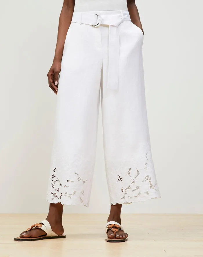 Women Lafayette 148 New York Pants and Shorts Rockefeller Pant In Embroidered Lavish Linen White