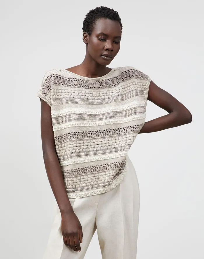 Women Lafayette 148 New York Sweaters Cotton Silk Tape Mixed Stitch Bateau Neck Sweater Smoked Taupe Multi